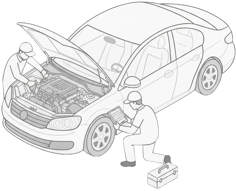 A mechanic performing car service on a car.