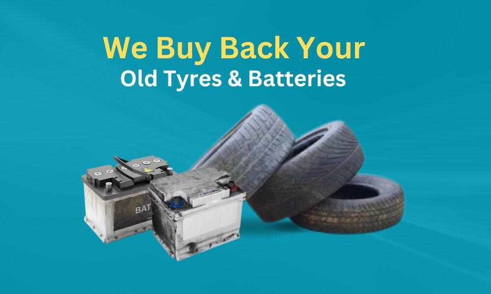 An image depicting how Petromin Express buys back old tyres & batteries from customers.