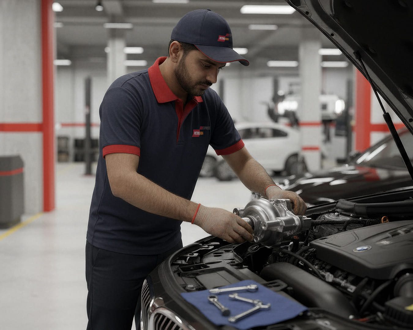 A Petromin Express employee servicing a car.