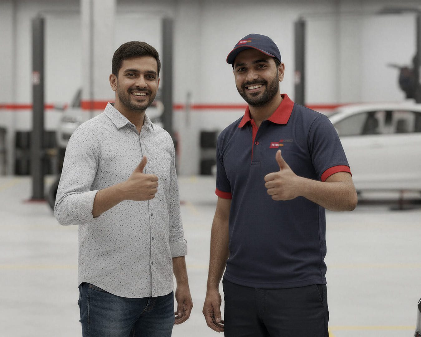 A Petromin Express employee standing with a satisfied customer.