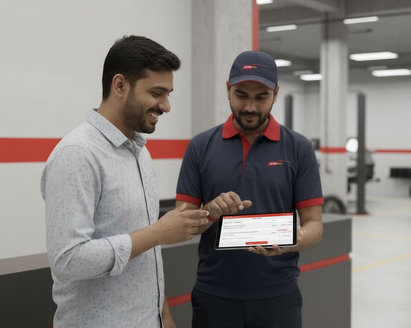 An employee of Petromin Express in conversation with a customer.