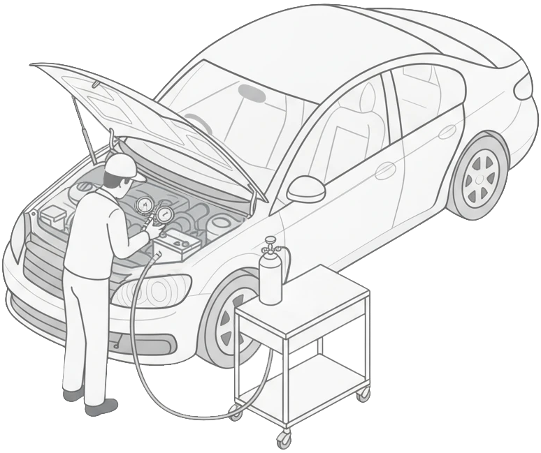 A mechanic performing ac servicing on a car.