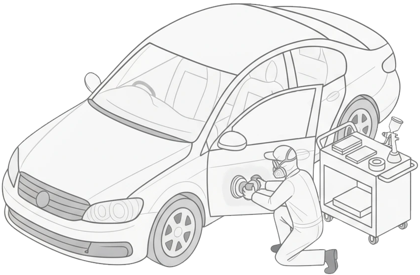 A mechanic performing body shop service on a car.