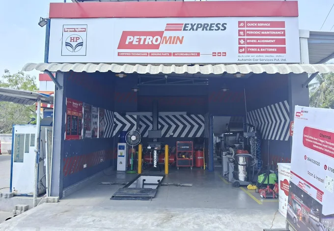 An overview of a service centre belonging to Petromin Express in Pallikaranai Chennai.
