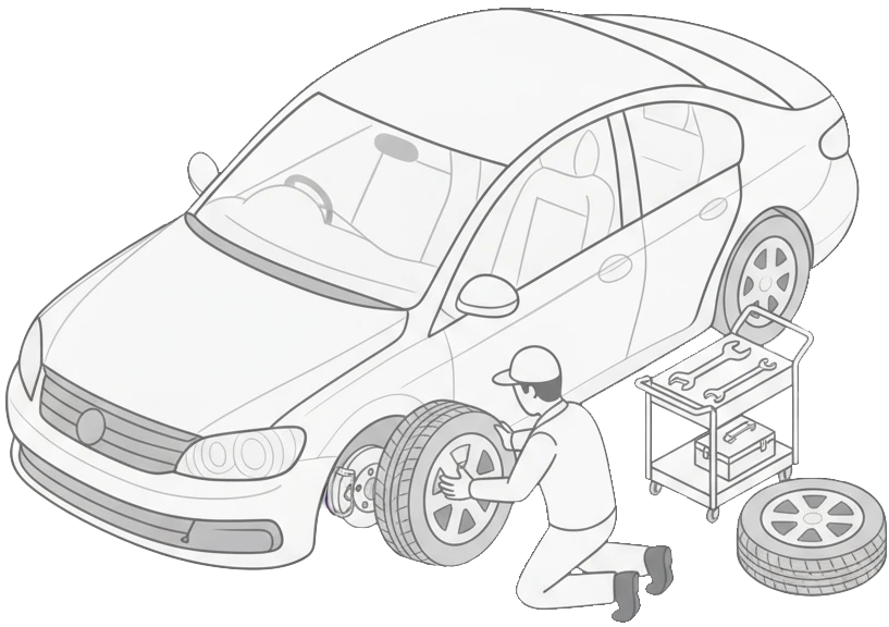 A mechanic performing tyre care on a car.