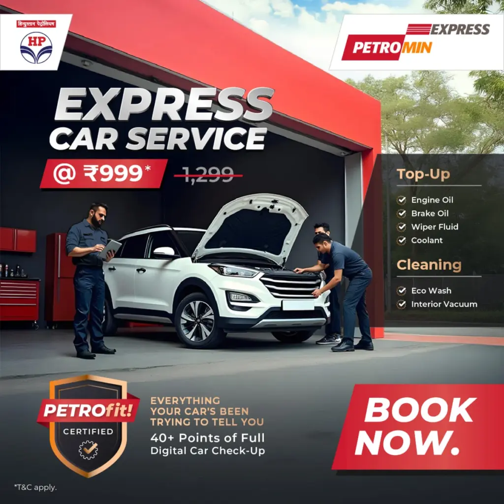 An overview of the Express Car Service @₹999* offer, featuring the Petrofit! assurance, what it is composed of, and what it provides customers.