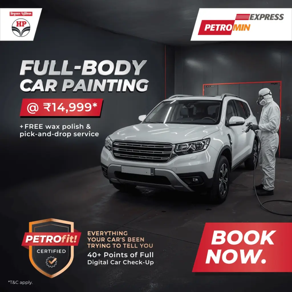 An overview of the Full-Body Car Painting at ₹14,999* offer, featuring the Petrofit! assurance and what it provides customers.