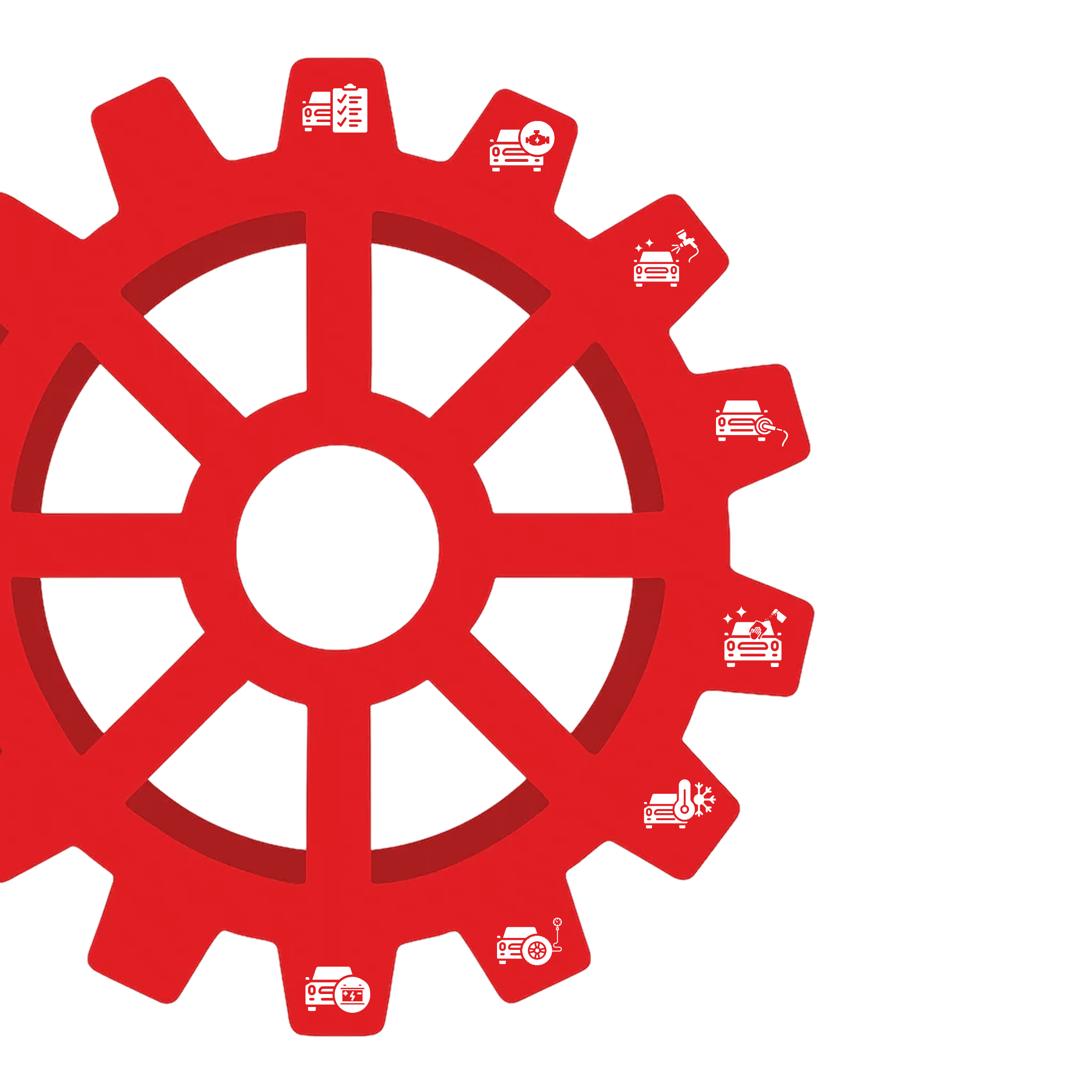 A gear with a car + checklist icon on each spoke.